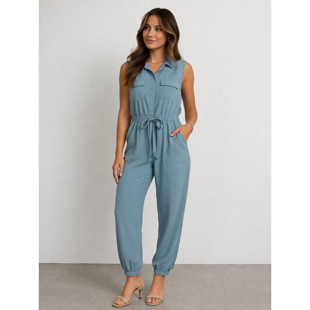J.Crew Collection Blue Sleeveless Jumpsuit Sz 4 Cinch Waist